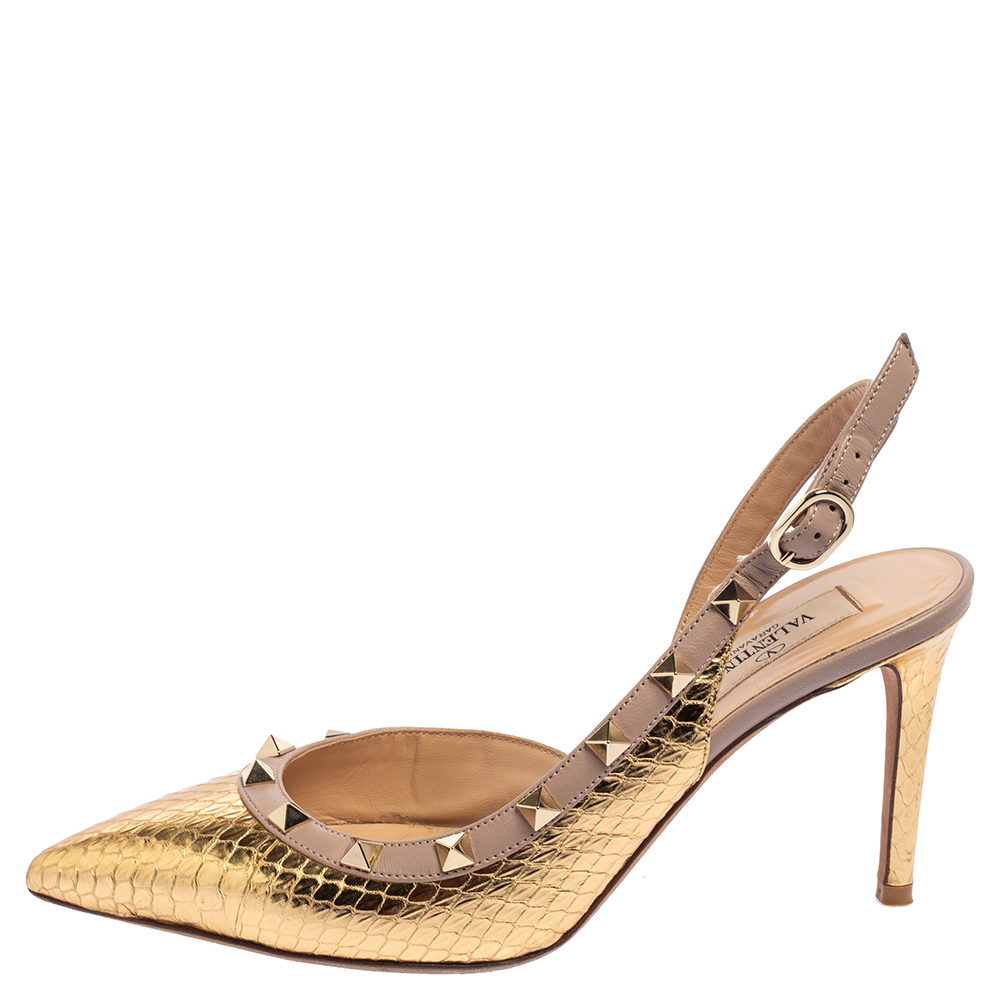 

Valentino Metallic Gold Python Embossed Leather Rockstud Slingback Pumps Size