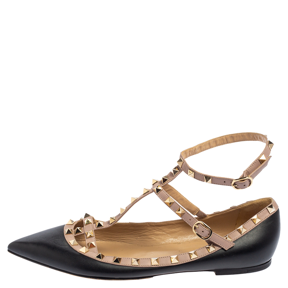 

Valentino Black/Beige Leather Rockstud Ankle Strap Ballet Flats Size