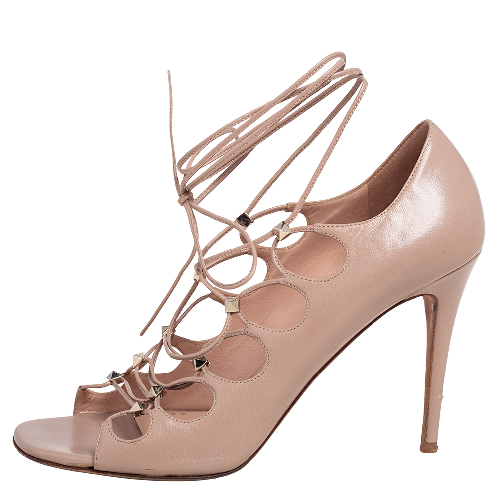 

Valentino Beige Leather Rockstud Open Toe Lace Up Ankle Wrap Sandals Size