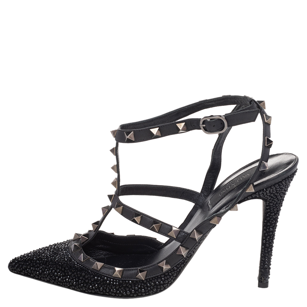

Valentino Black Leather Crystal Embellished Rockstud Ankle Strap Sandals Size