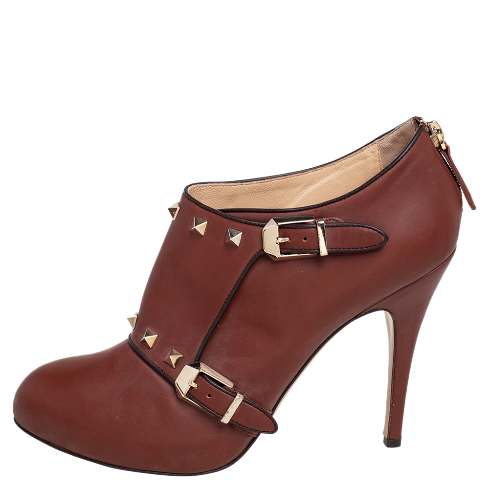 

Valentino Brown Leather Rockstud Buckle Booties Size