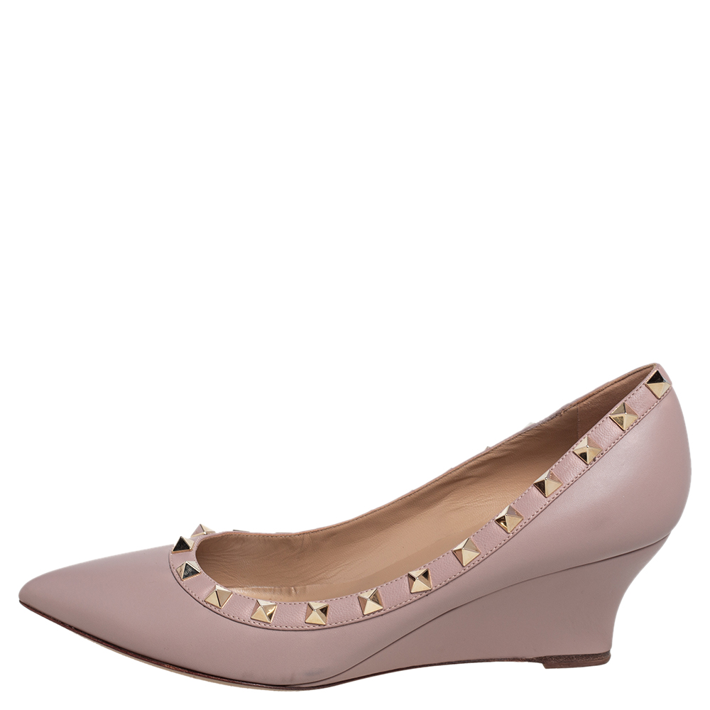 

Valentino Beige Leather Rockstud Wedge Pumps Size