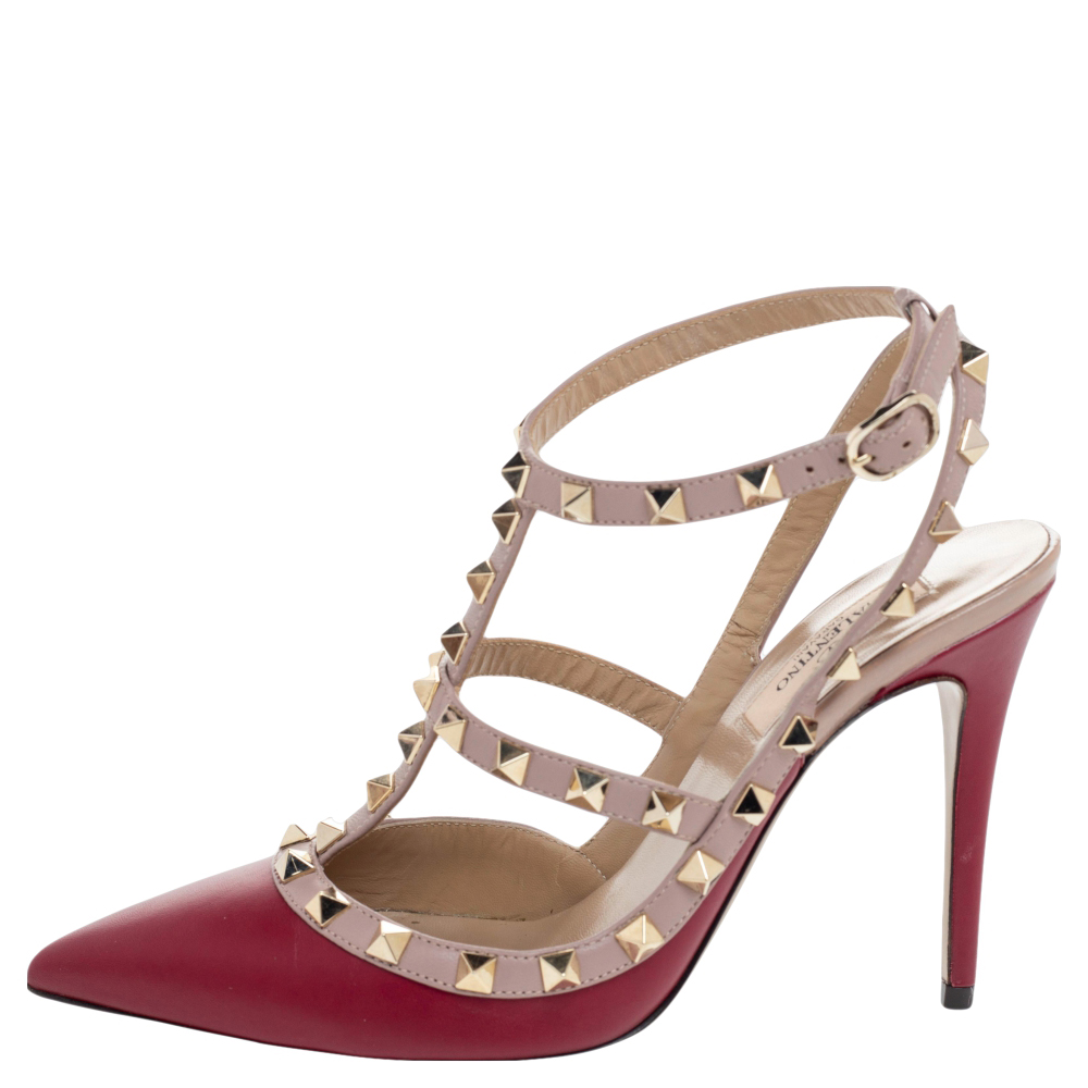 

Valentino Red/Beige Leather Rockstud Ankle Strap Sandals Size