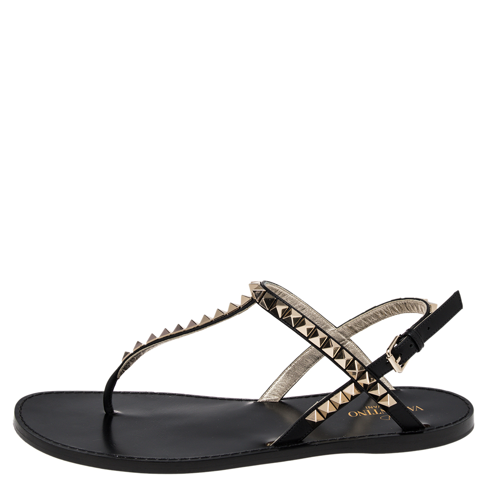 

Valentino Black Leather Rockstud T Strap Flats Size