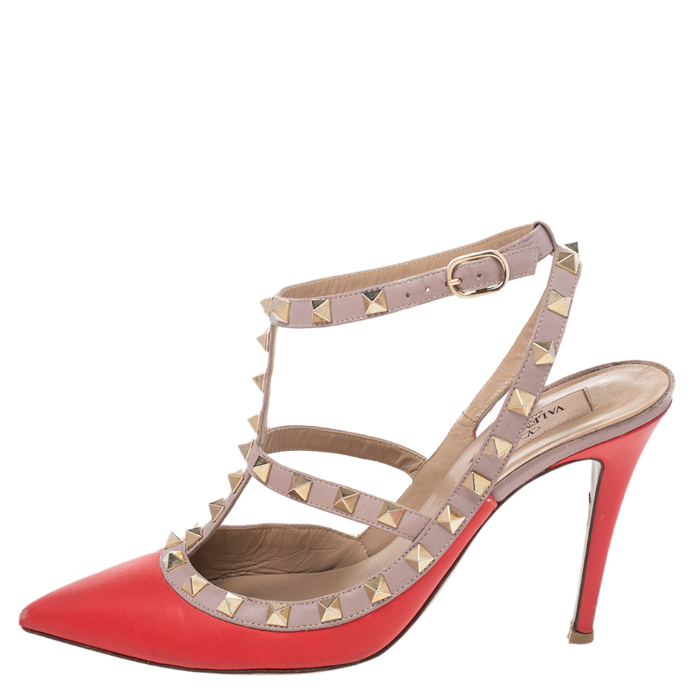 

Valentino Pink/Beige Leather Rockstud Ankle Strap Sandals Size