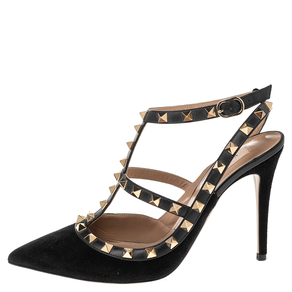 

Valentino Black Suede And Leather Rockstud Ankle Strap Sandals Size
