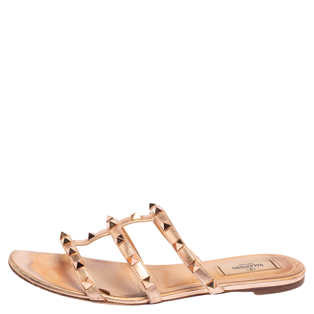 

Valentino Metallic Rose Gold Leather Rockstud Caged Flat Slides Size