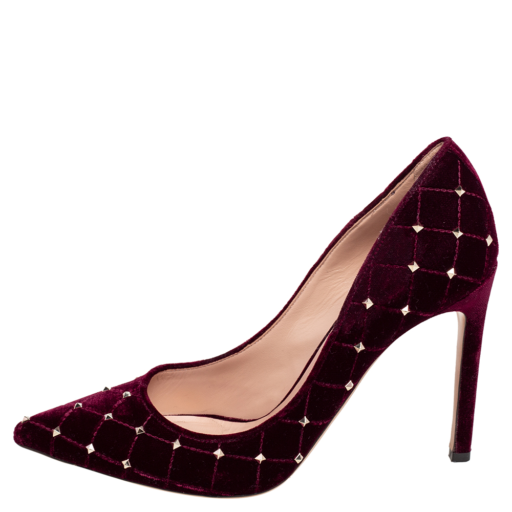 

Valentino Burgundy Velvet Rockstud Spike Pointed Toe Pumps Size