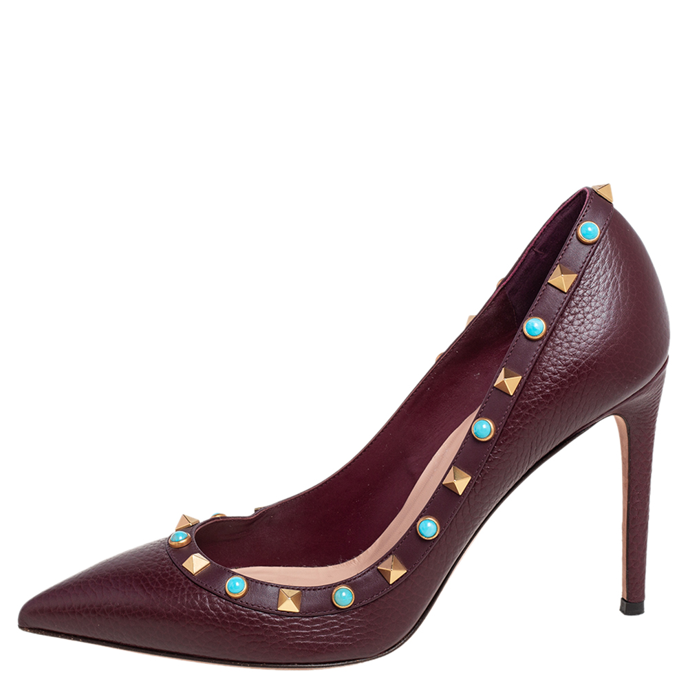 

Valentino Burgundy Leather Rolling Rockstud Pointed Toe Pumps Size