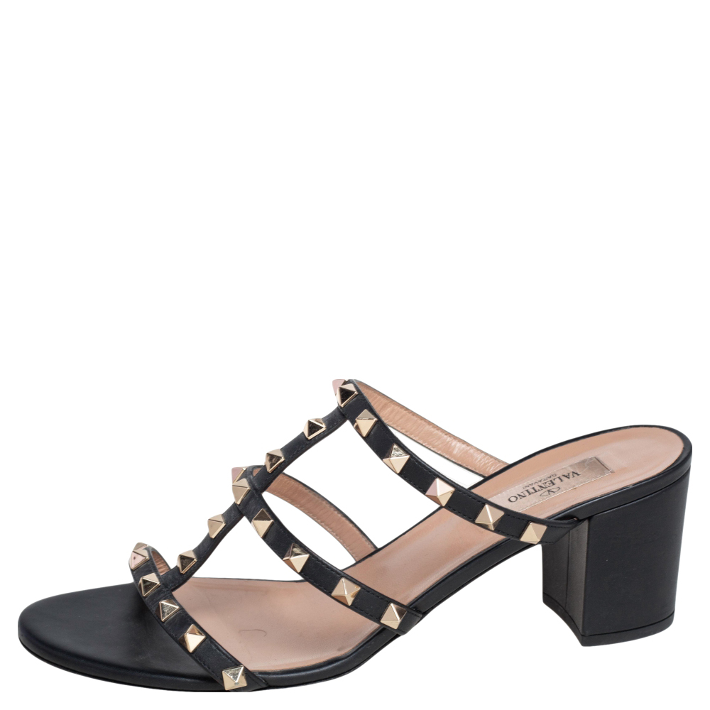 

Valentino Black Leather Rockstud Block Heel Slides Sandals Size