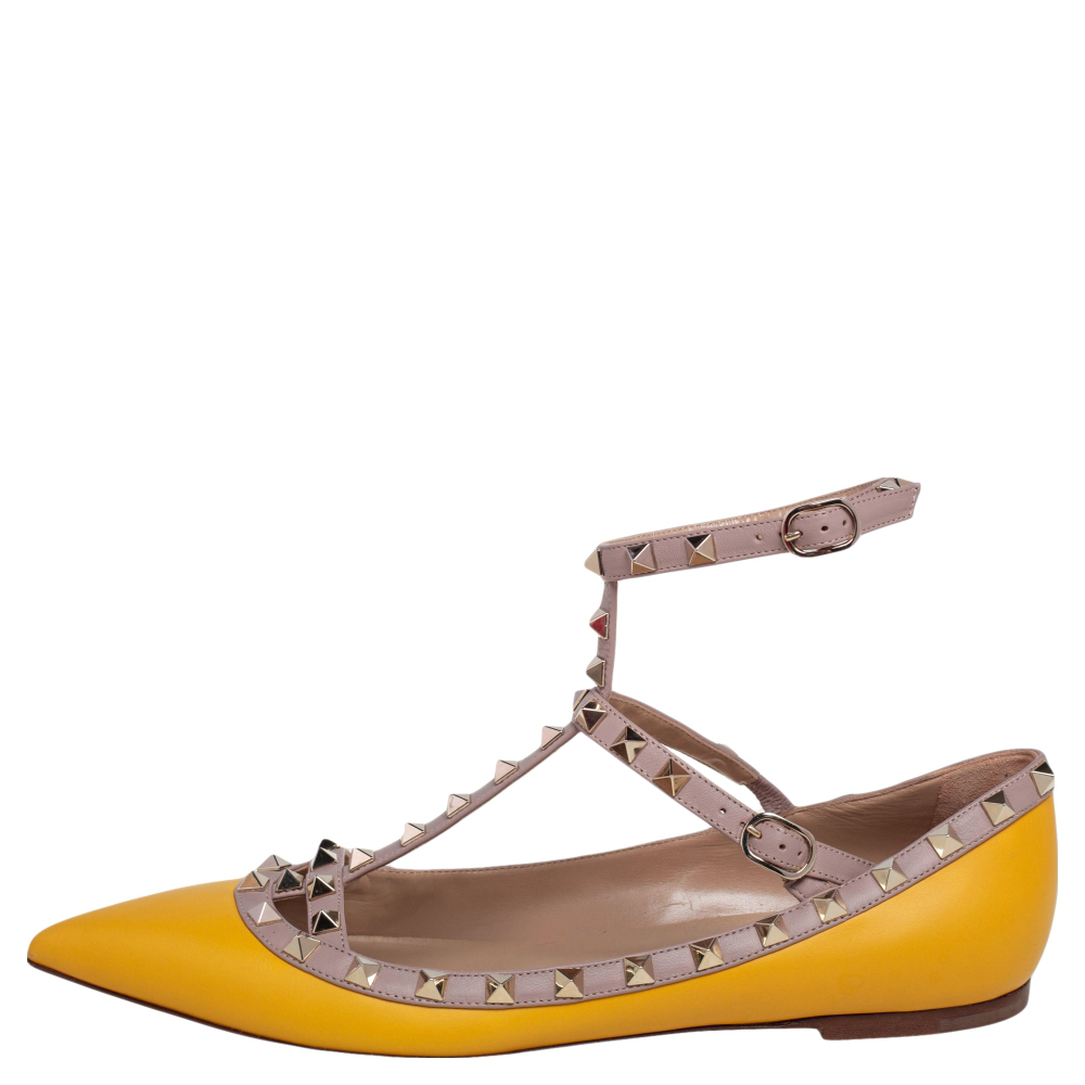 

Valentino Yellow/Beige Leather Rockstud Ankle Strap Ballet Flats Size