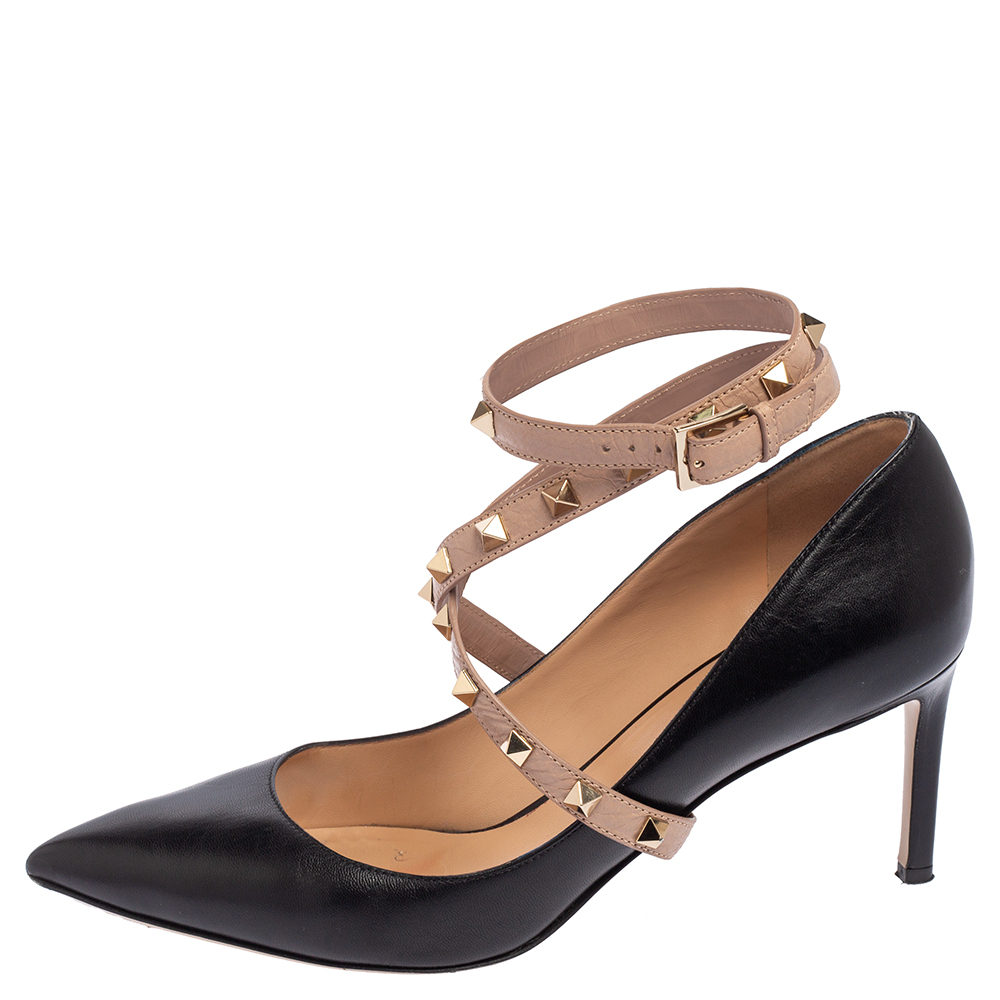 

Valentino Black Leather Rockstud Ankle Wrap Pointed Toe Pumps Size