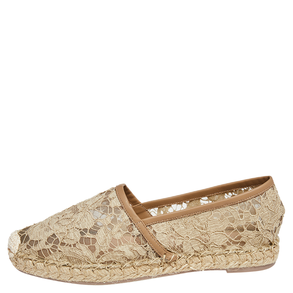 

Valentino Beige Leather And Lace Espadrille Flats Size