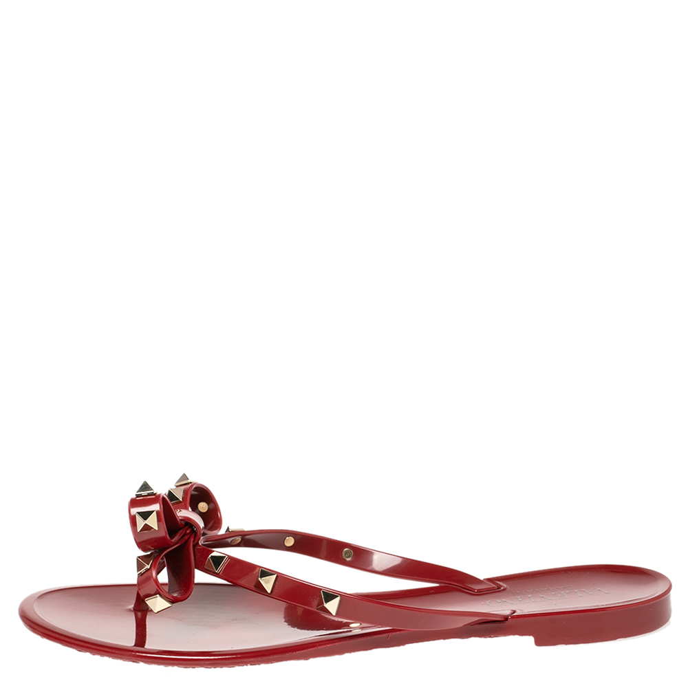 

Valentino Burgundy PVC Rockstud Thong Flat Sandals Size