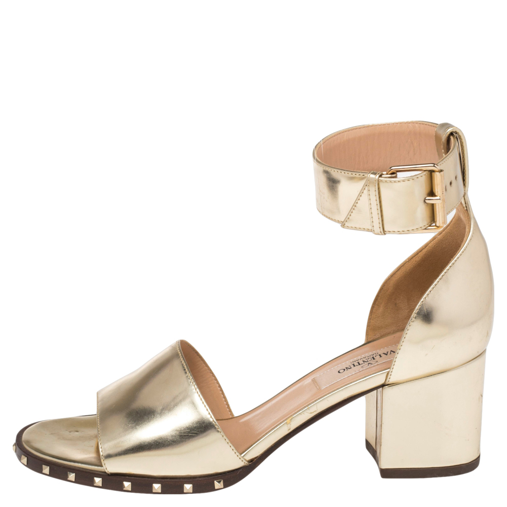

Valentino Gold Leather Rockstud Ankle Cuff Sandals Size