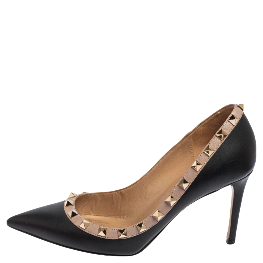 

Valentino Black/Beige Leather Rockstud Accents Pumps Size