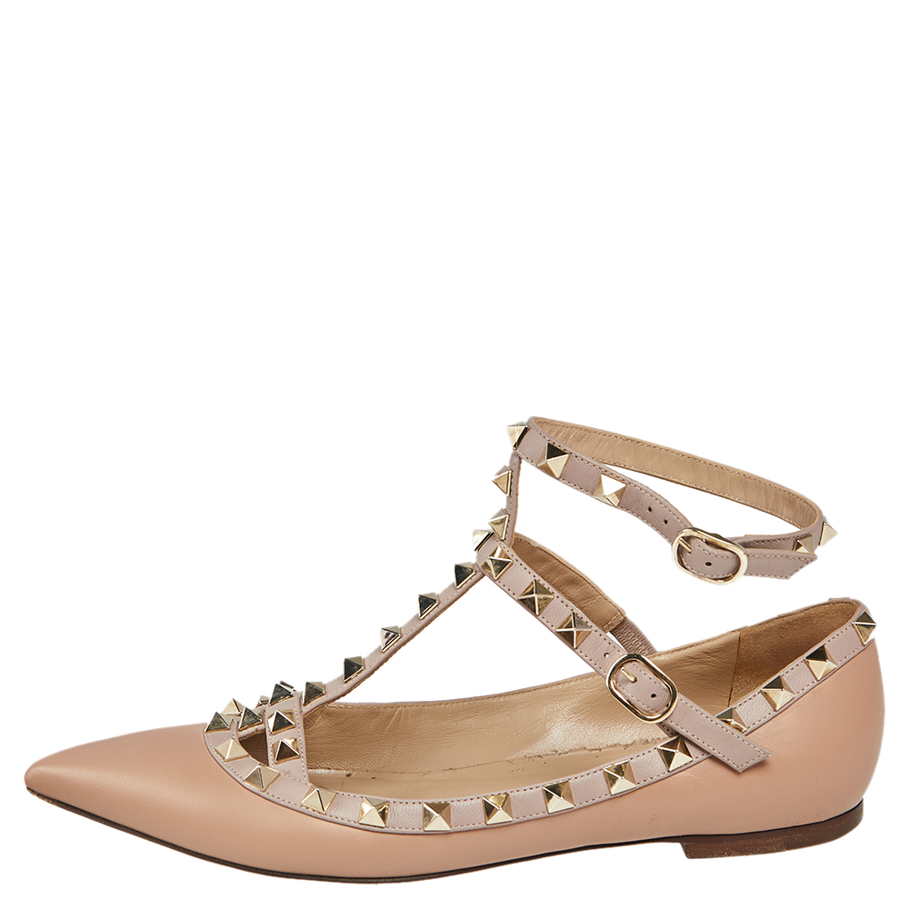 

Valentino Beige Leather Rockstud Ankle Strap Ballet Flats Size