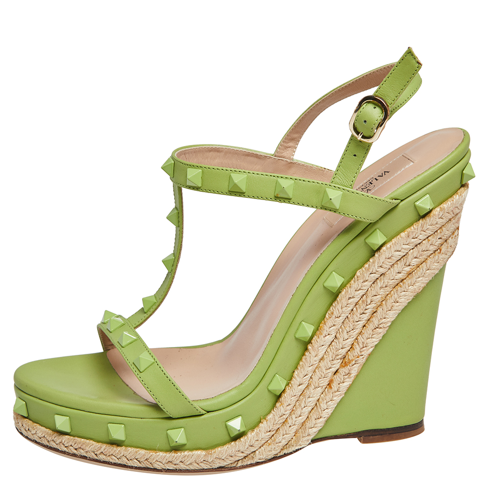 

Valentino Lime Green Leather Rockstud T Strap Espadrille Wedges Size