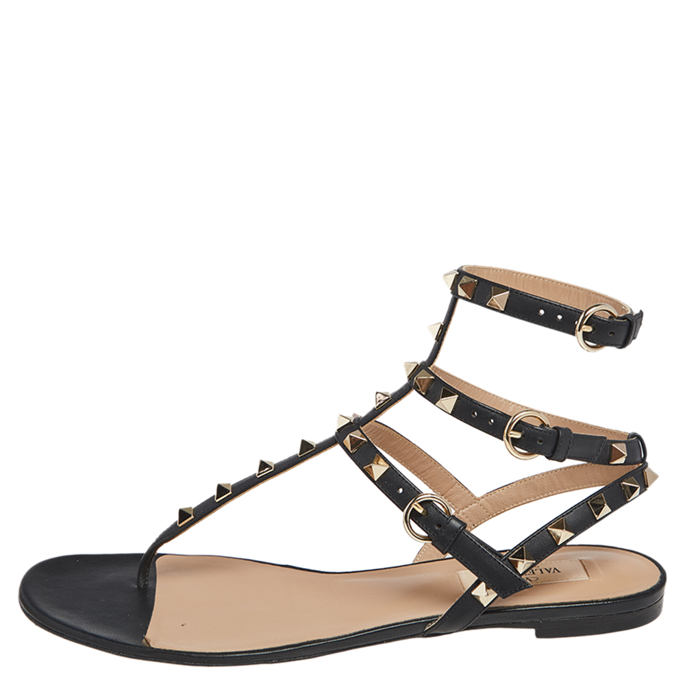 

Valentino Black Leather Rockstud Ankle Strap Flat Sandals Size