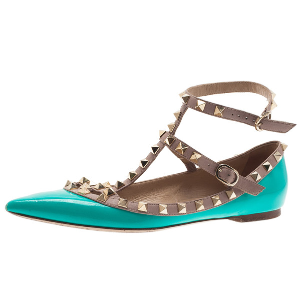 Pre Owned حذاء فلات فالينتينو باليرينا جلد تركواز مرصع مقاس 37.5