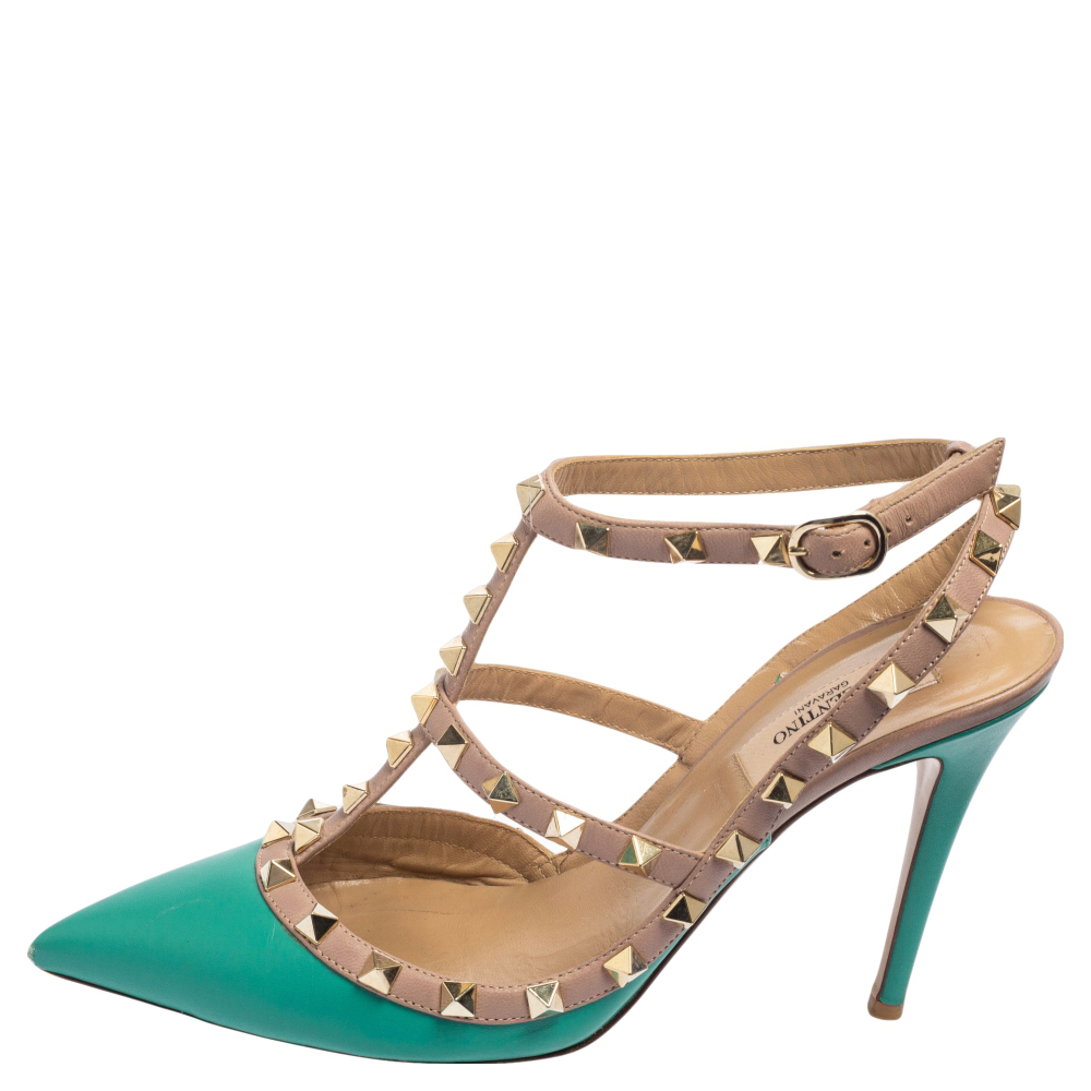 

Valentino Pink/Green Leather Rockstud Pointed Toe Sandals Size