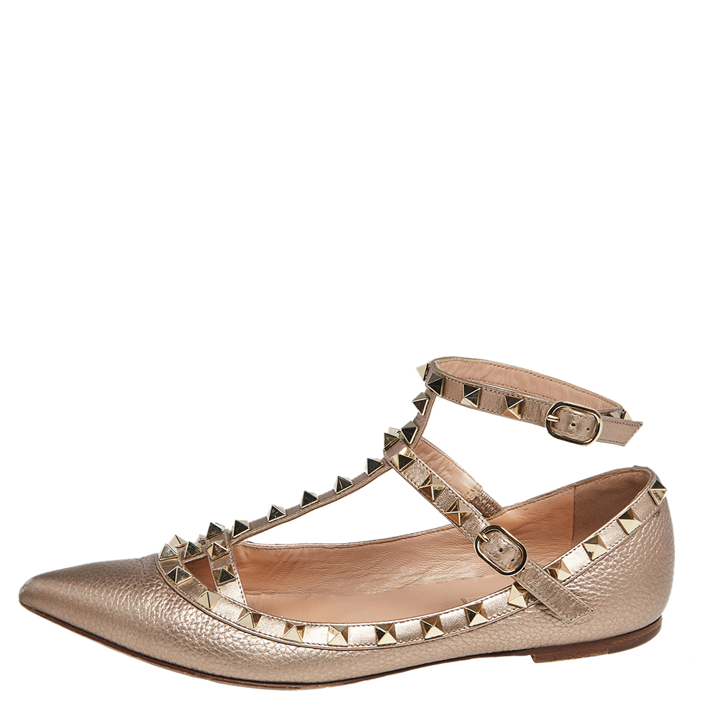 

Valentino Gold Leather Rockstud Ankle Strap Ballet Flats Size