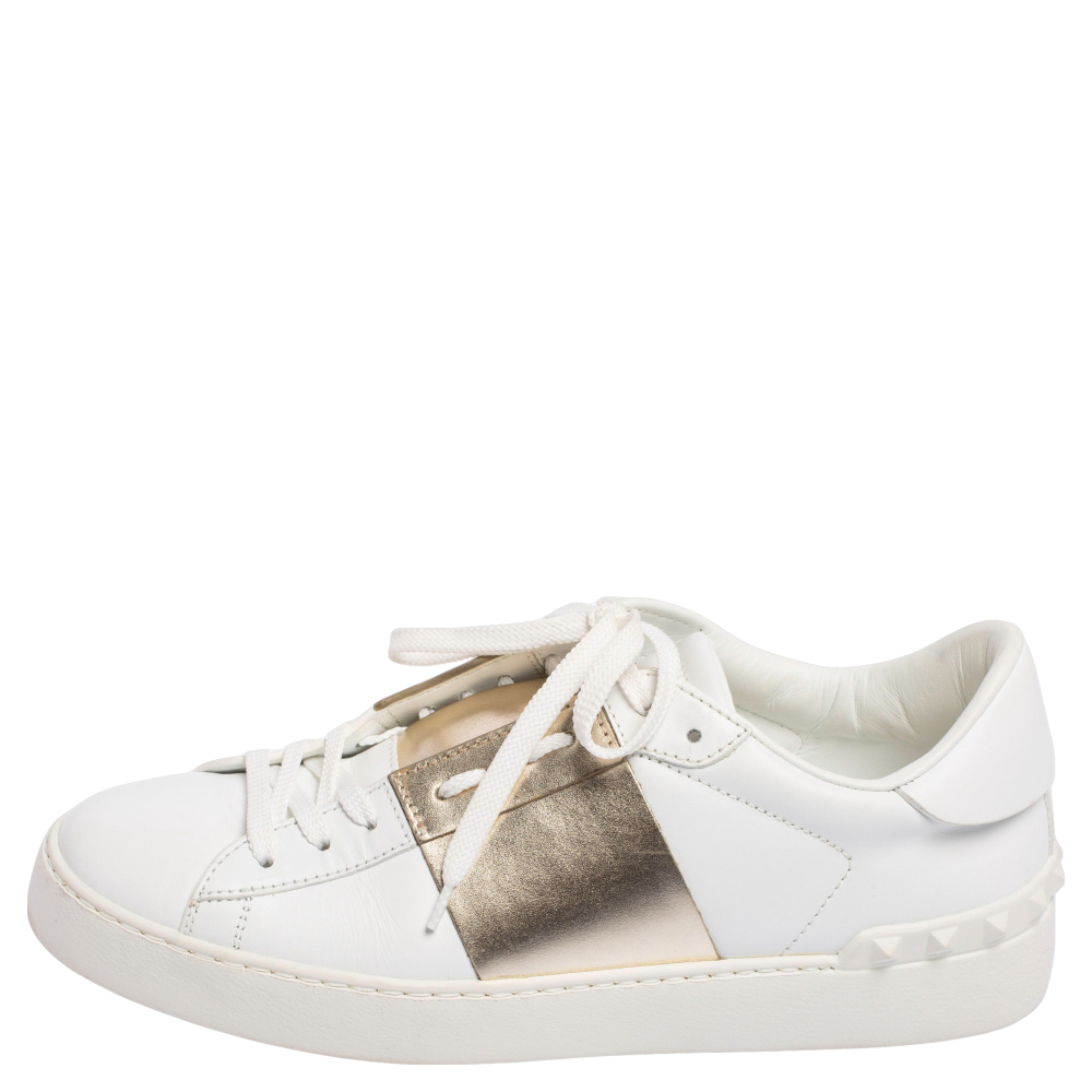 

Valentino White/Metallic Gold Band Leather Open Low Top Sneakers Size