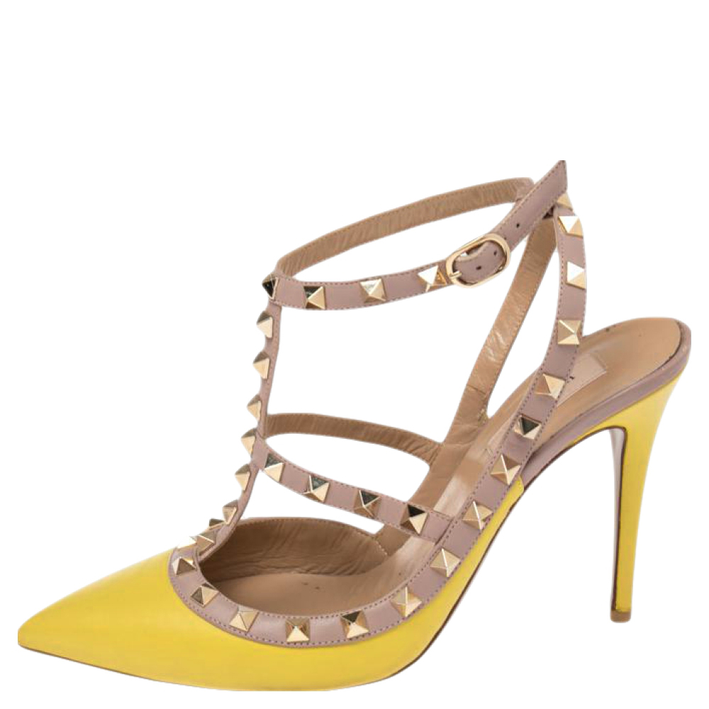 

Valentino Beige/Yellow Leather Rockstud Ankle Strap Sandals Size