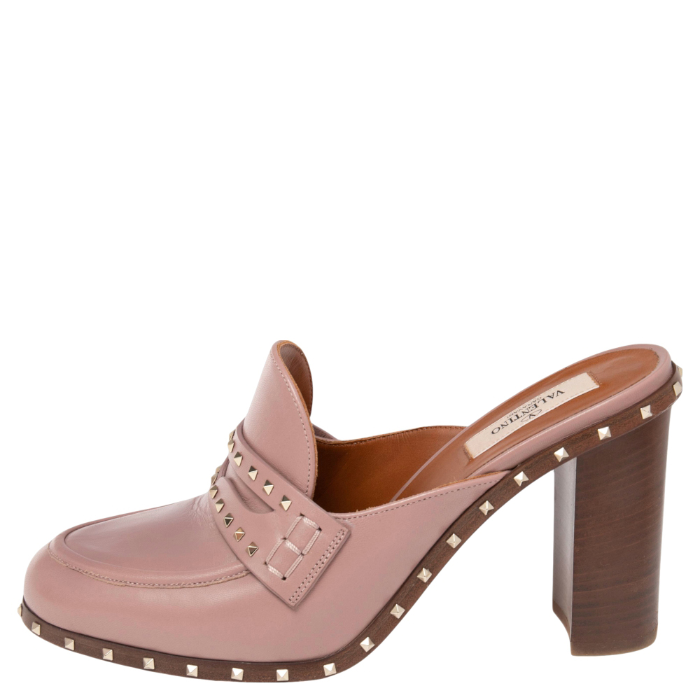 

Valentino Pale Pink Leather Rockstud Penny Loafer Mules Size