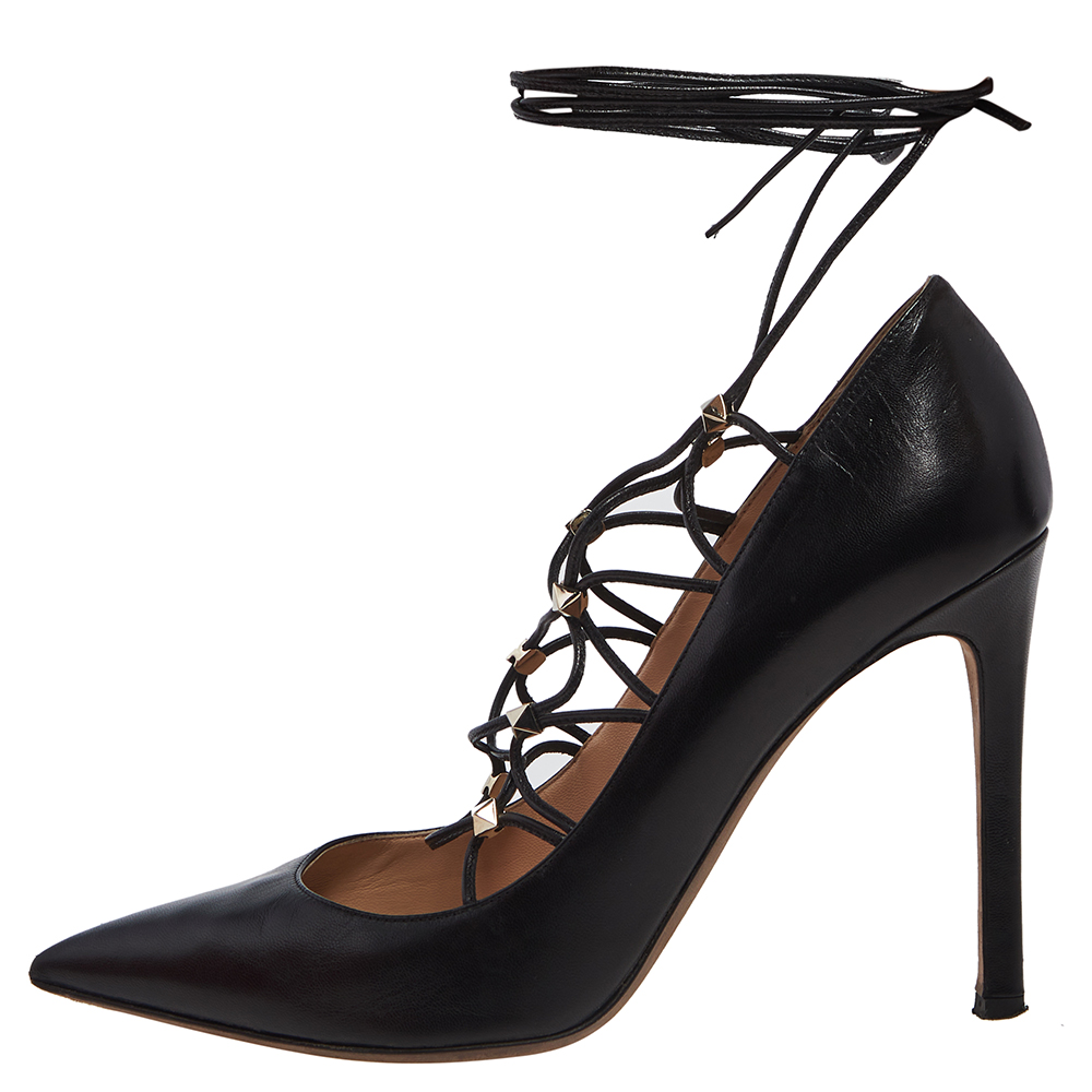 

Valentino Black Leather Rockstud Lace Up Pointed Toe Pumps Size