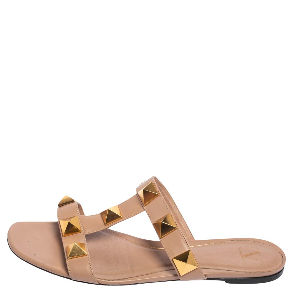

Valentino Beige Leather Roman Stud Flat Slide Sandals Size