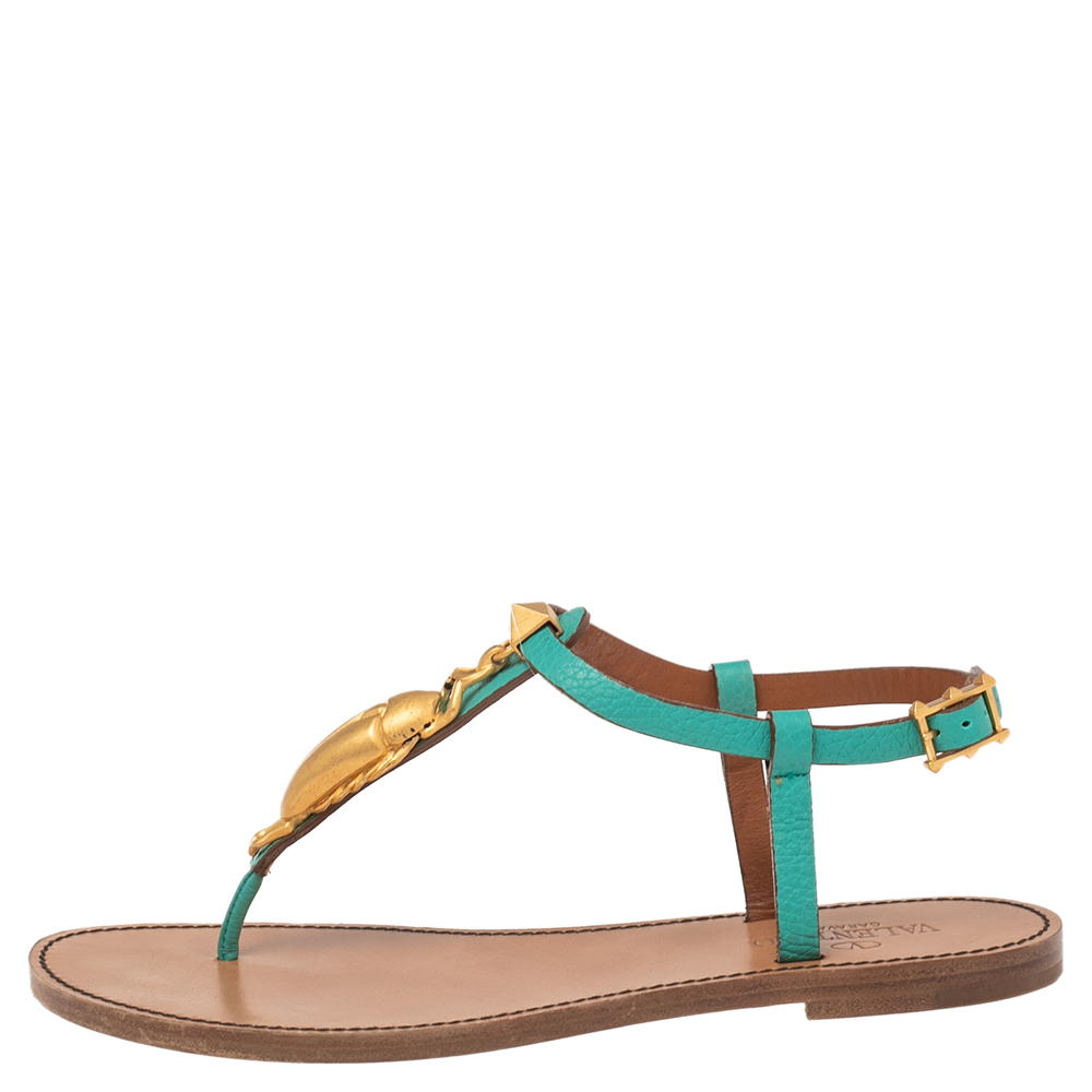 

Valentino Green/Beige Leather Scarab Thong Sandals Size, Black