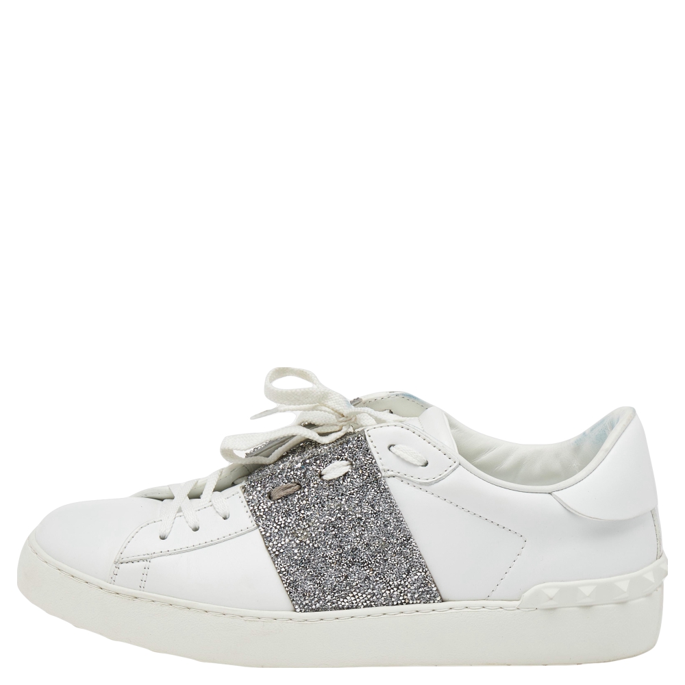 

Valentino White Leather And Glitter Rockstud Sneakers Size