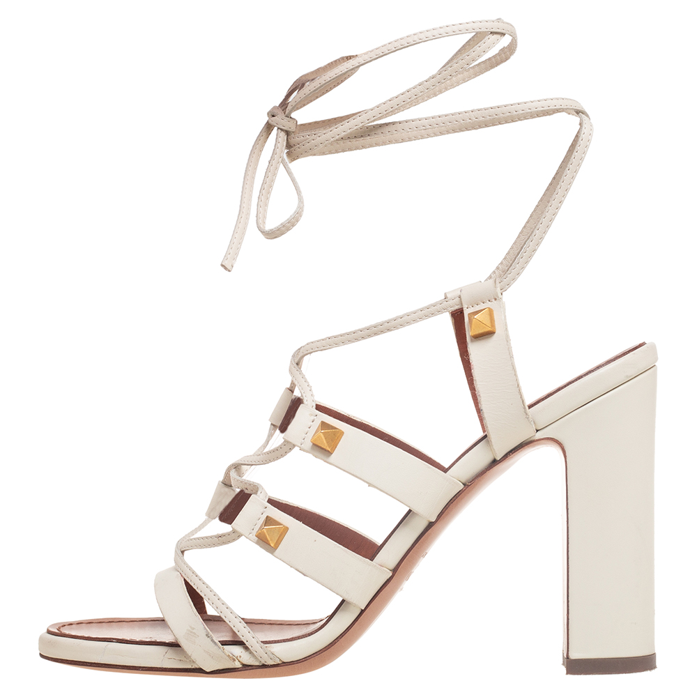 

Valentino White Leather Rockstud Gladiator Wrap Sandals Size