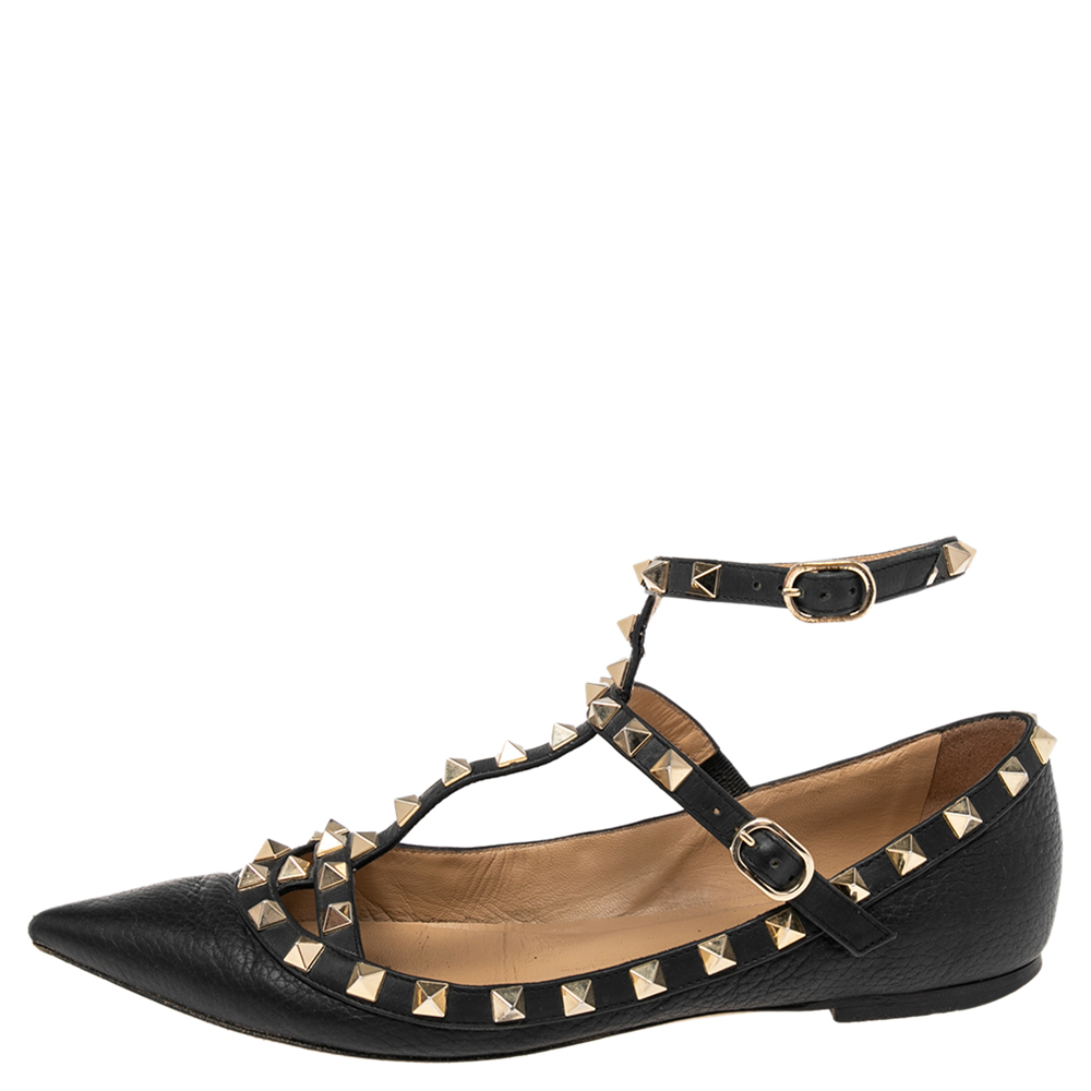 

Valentino Black Leather Rockstud Ankle Strap Ballet Flats Size
