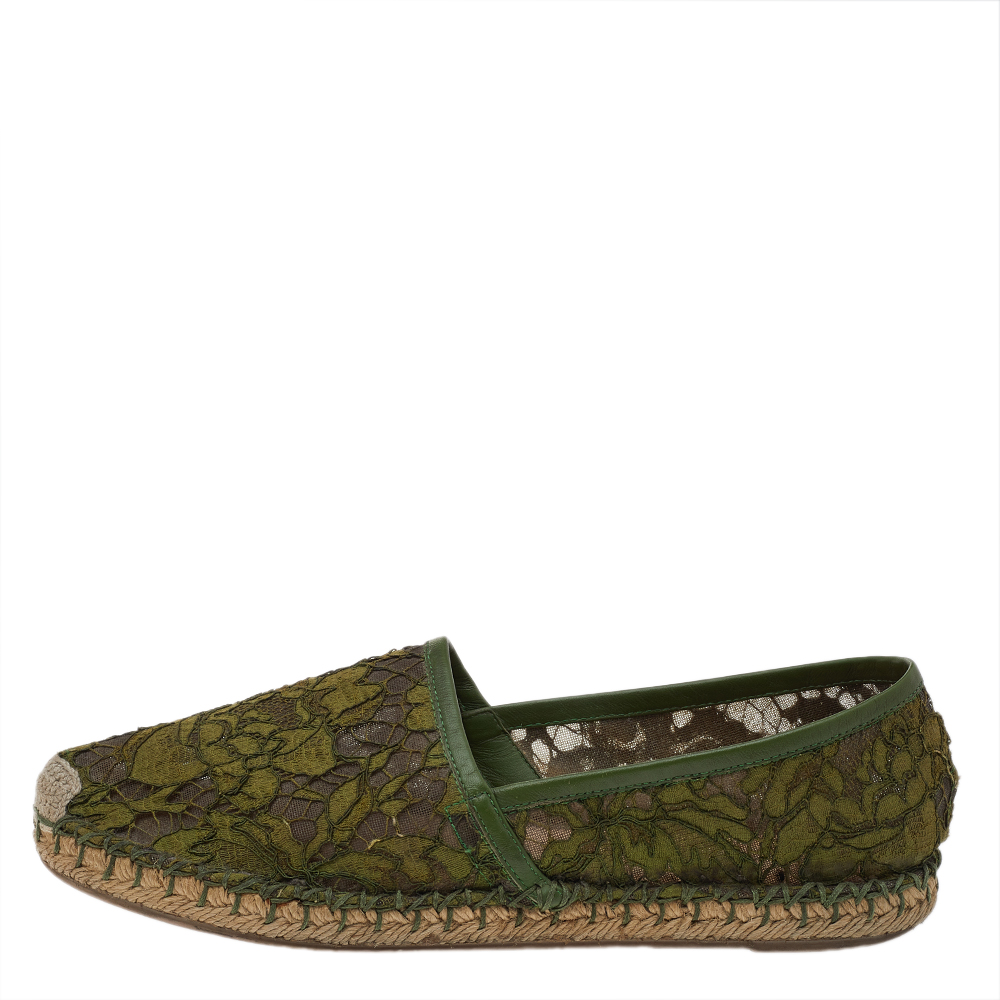 

Valentino Green Lace And Leather Trim Espadrille Flats