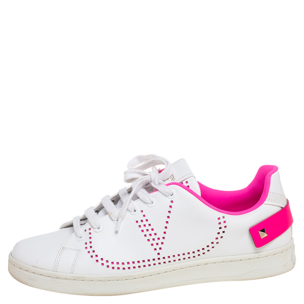 

Valentino White/Pink Leather V-Logo Sneakers Size