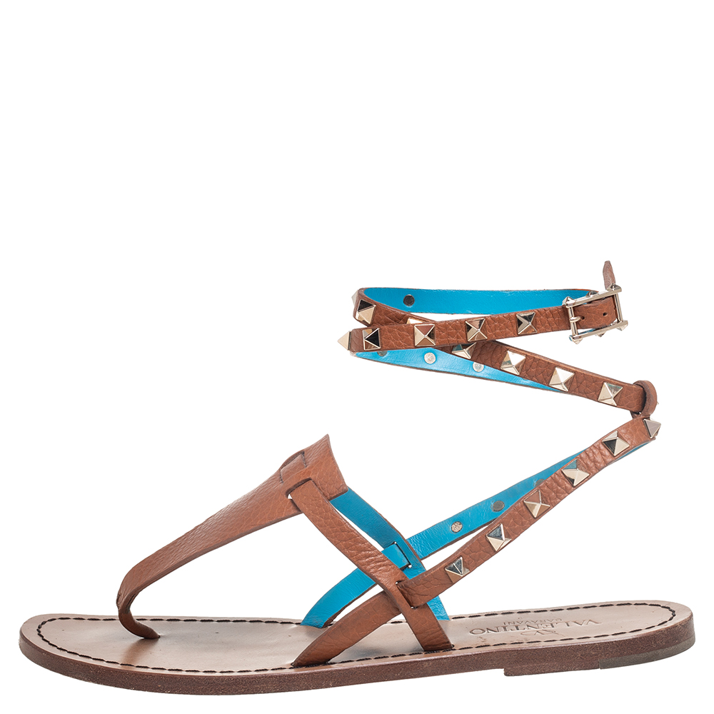 

Valentino Brown Leather Rockstud Ankle Wrap Sandals Size