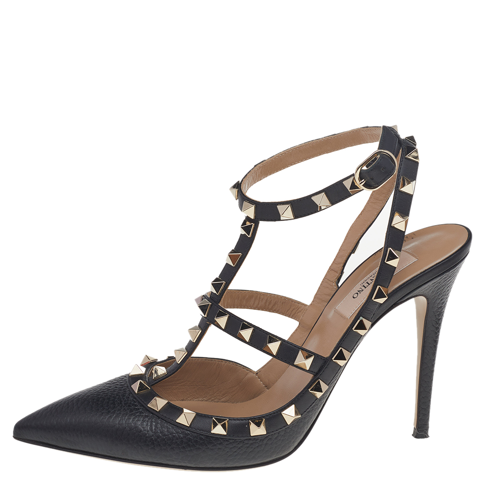 

Valentino Black Leather Rockstud Pointed Toe Ankle Strap Sandals Size