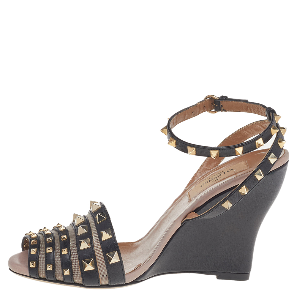 

Valentino Black Leather And Mesh Rockstud Wedge Ankle Strap Sandals Size