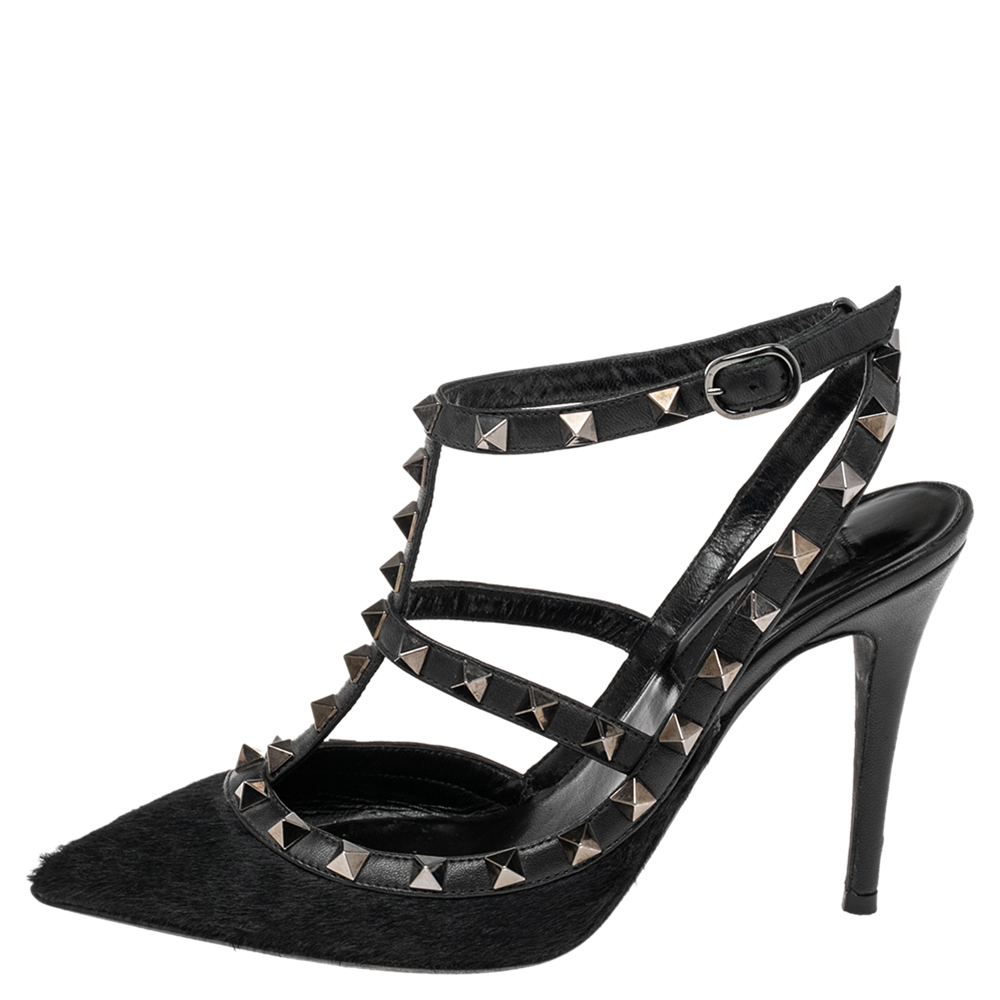 

Valentino Black Leather And Pony Hair Rockstud Pointed Toe Sandals Size