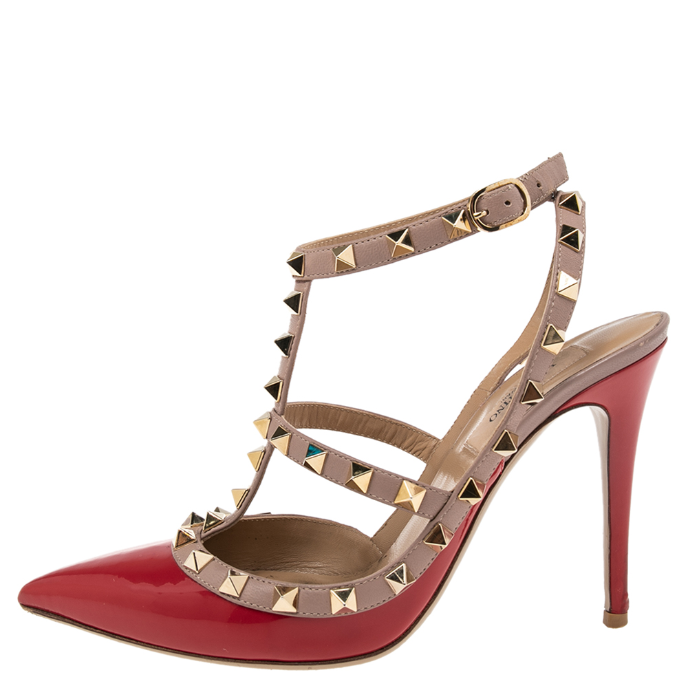 

Valentino Red/Beige Patent Leather Rockstud Pointed Toe Ankle Strap Sandals Size