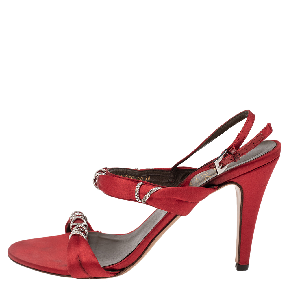 

Valentino Red Satin Crystal Embellished Slingback Sandals Size