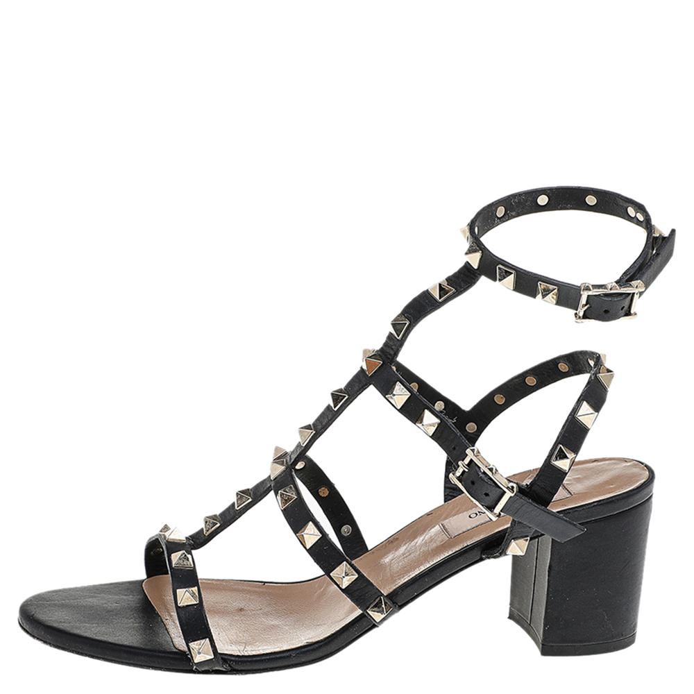 

Valentino Black Leather Rockstud Open Toe Ankle Strap Sandals Size