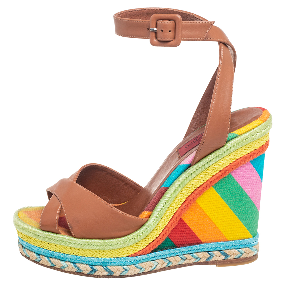 

Valentino Brown Leather Multicolor Espadrille Wedge Ankle Strap Sandals Size