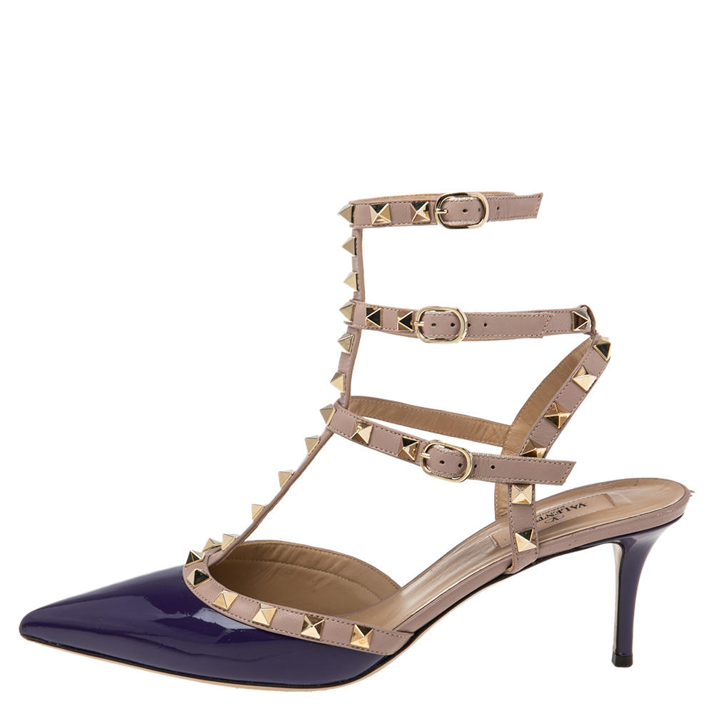 

Valentino Blue/Beige Patent And Leather Rockstud Ankle Strap Sandals Size