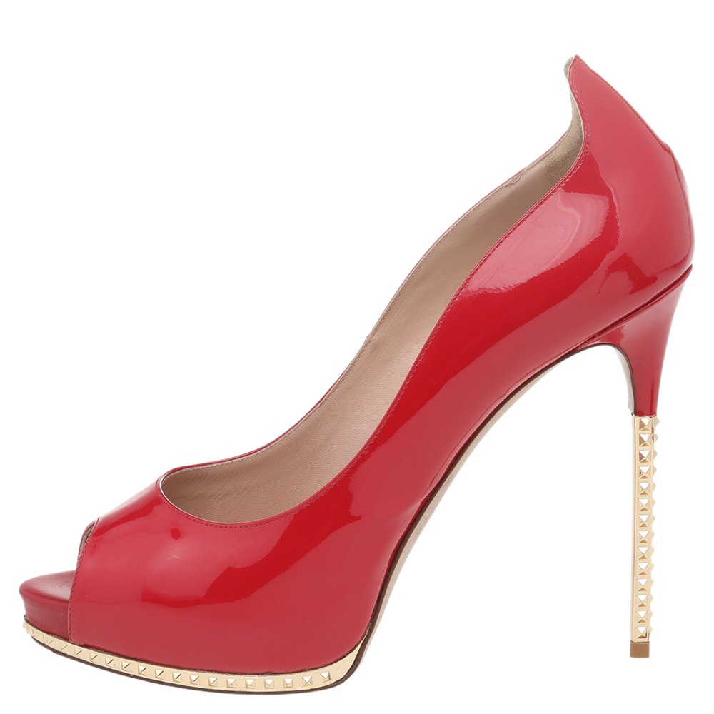 

Valentino Red Patent Leather Studded Heel Peep Toe Platform Pumps Size