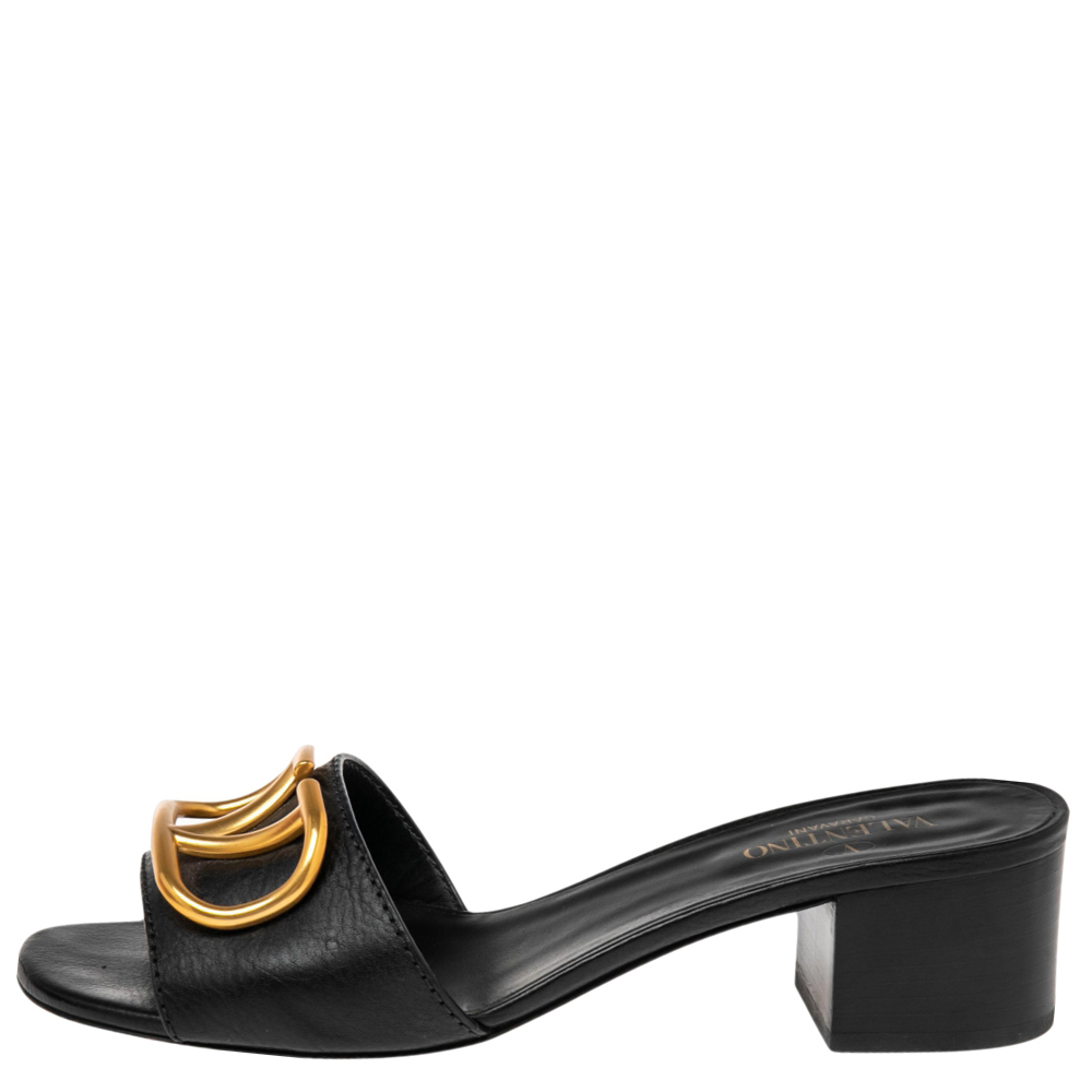 

Valentino Black Leather VLogo Slide Sandals Size