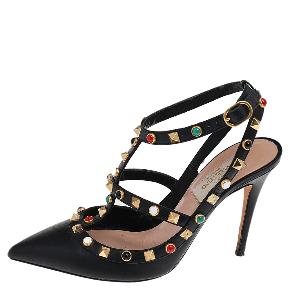 

Valentino Black Leather Rolling Rockstud Pointed Toe Ankle Strap Sandals Size