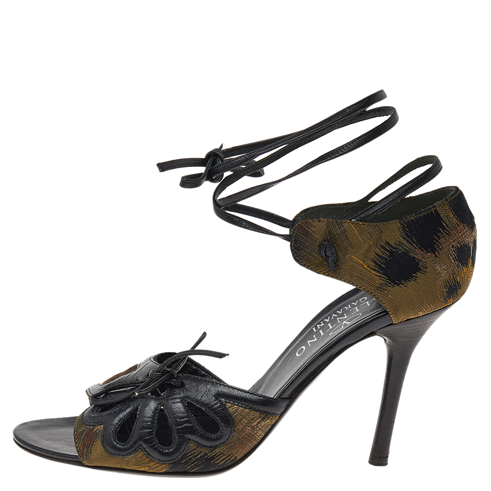 

Valentino Black/Brown Fabric And Leather Ankle Tie Up Sandals Size
